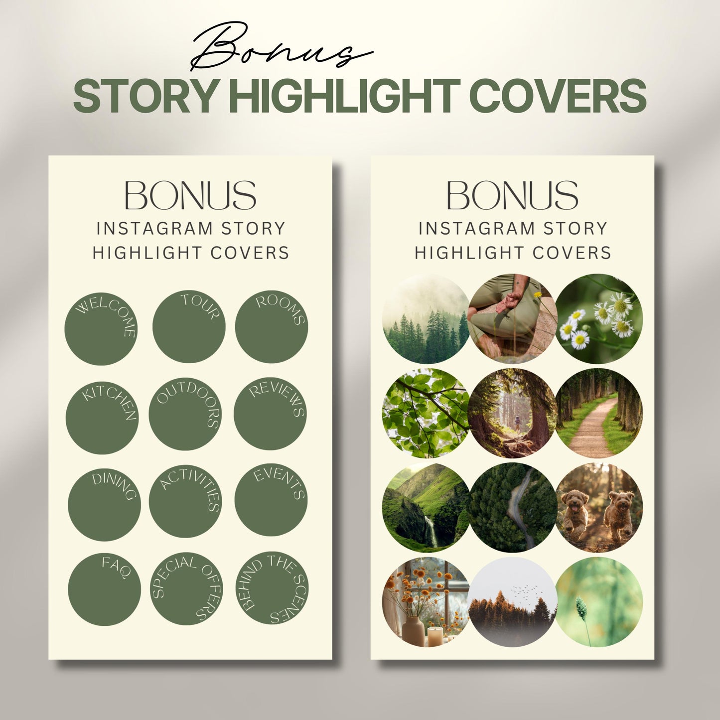 Graphic displaying two sets of Instagram story highlight covers labeled as bonus content.