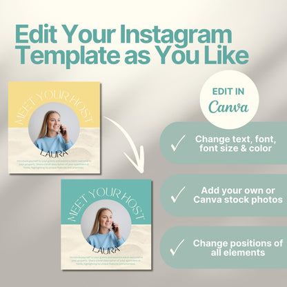 Instagram template customization example showing two versions of a 'Meet Your Host' post with different colors. Text highlights that you can edit text, font, size, colors, photos, and element positions using Canva.