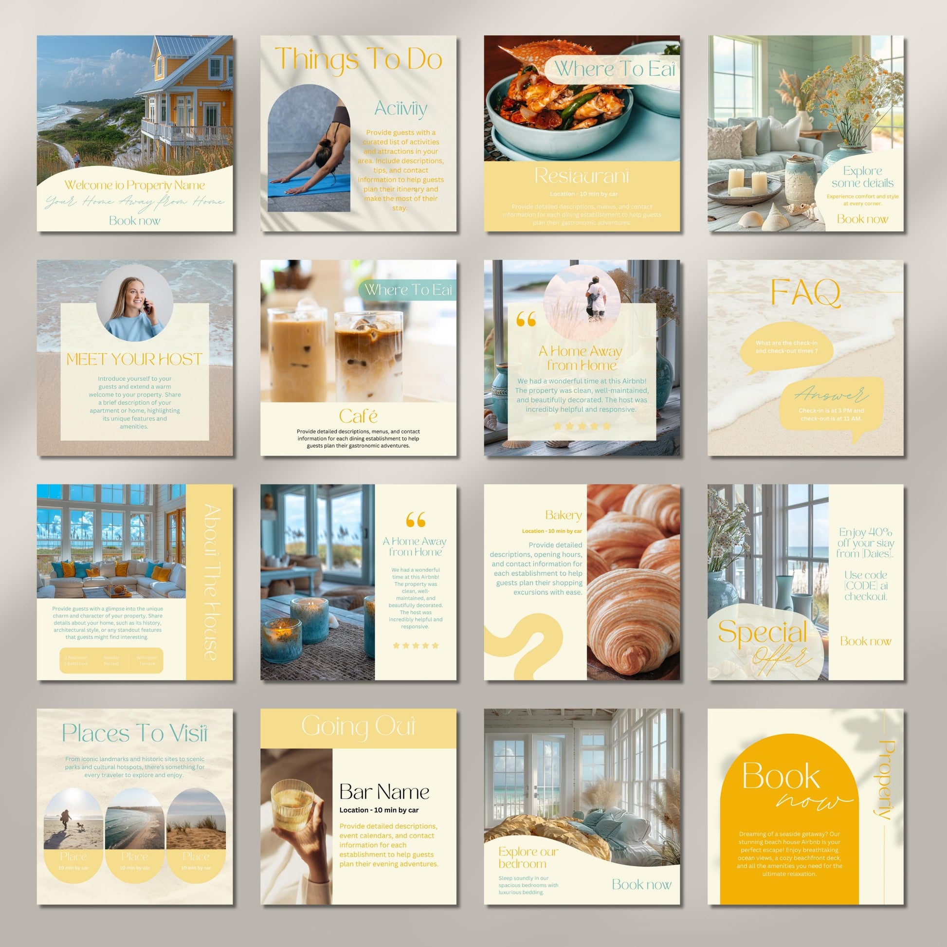 Grid of Instagram post templates for Airbnb hosts.