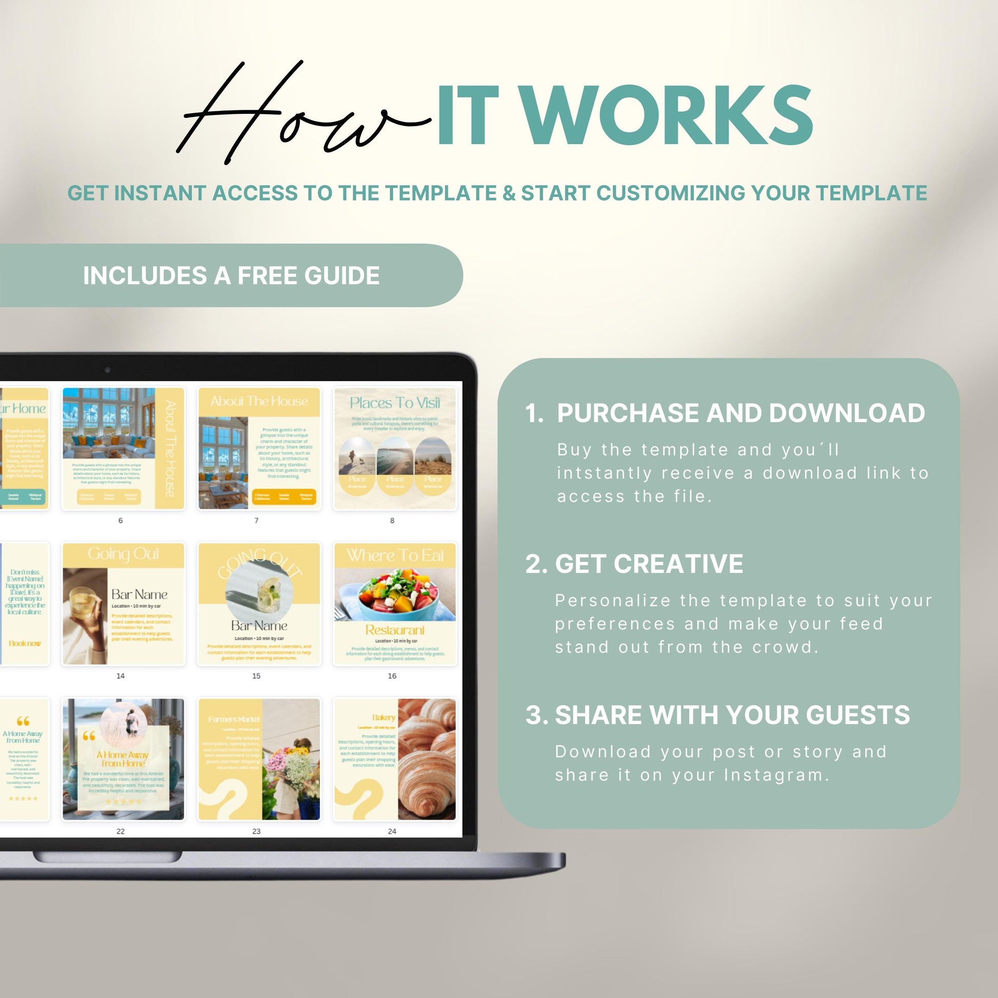 Instructional graphic titled 'How It Works' showing a laptop with Instagram templates and three steps: 1. Purchase and download the template, 2. Get creative and customize it, 3. Share with your guests. Includes a note that a free guide is included.