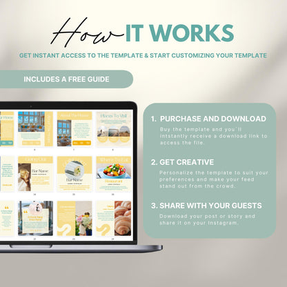 Instructional graphic titled 'How It Works' showing a laptop with Instagram templates and three steps: 1. Purchase and download the template, 2. Get creative and customize it, 3. Share with your guests. Includes a note that a free guide is included.