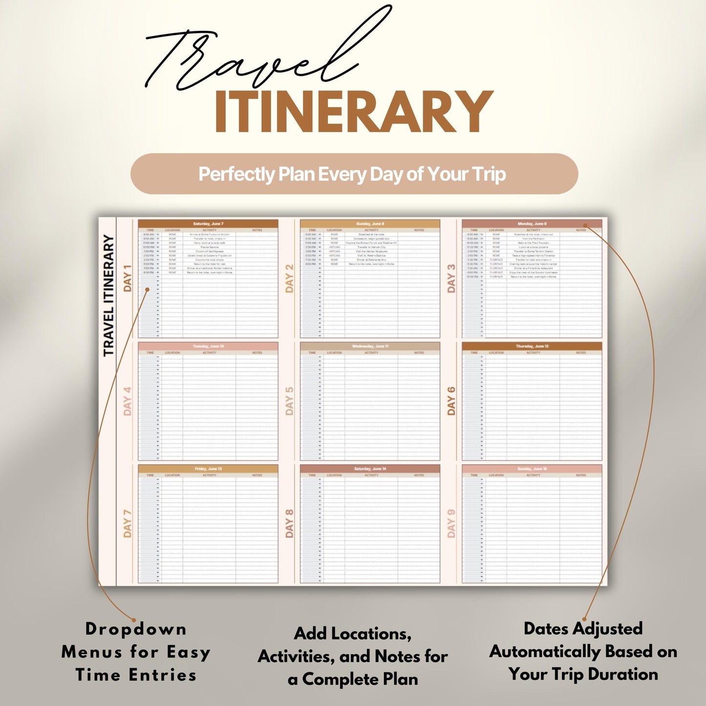 Overview of a digital travel planner showing the daily travel itinerary.
