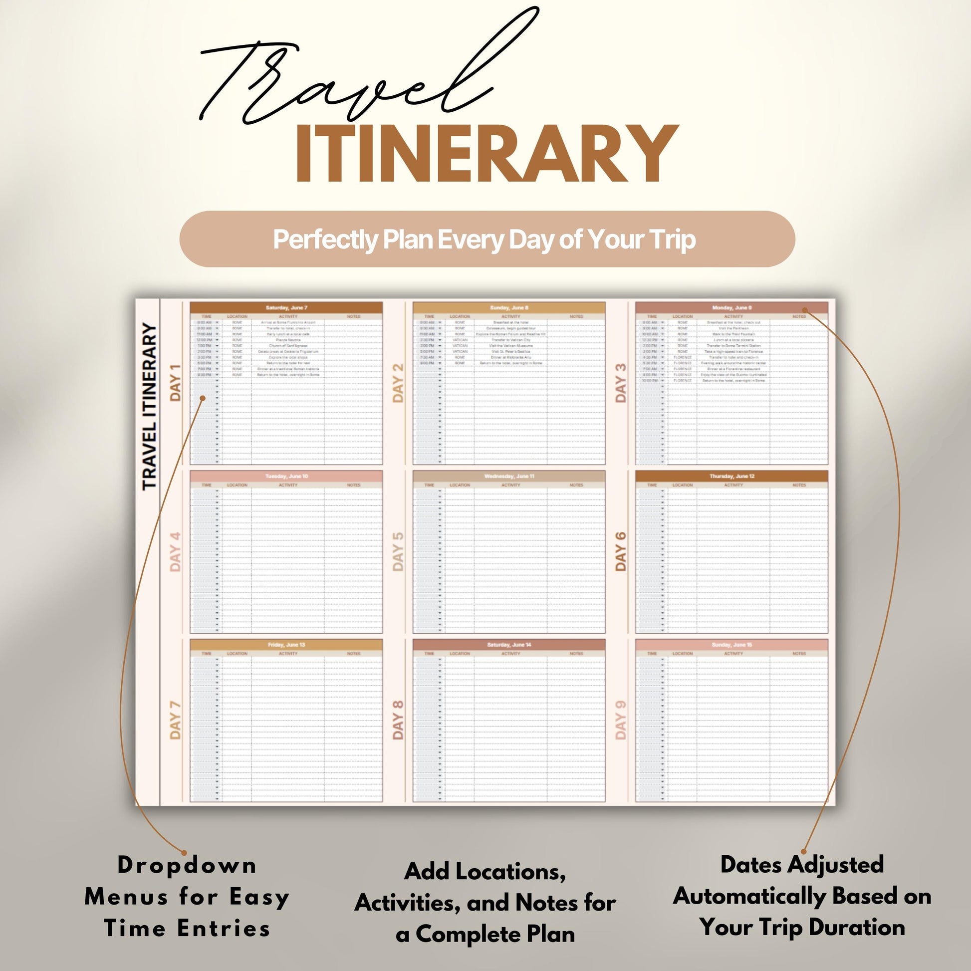 Overview of a digital travel planner showing the daily travel itinerary.