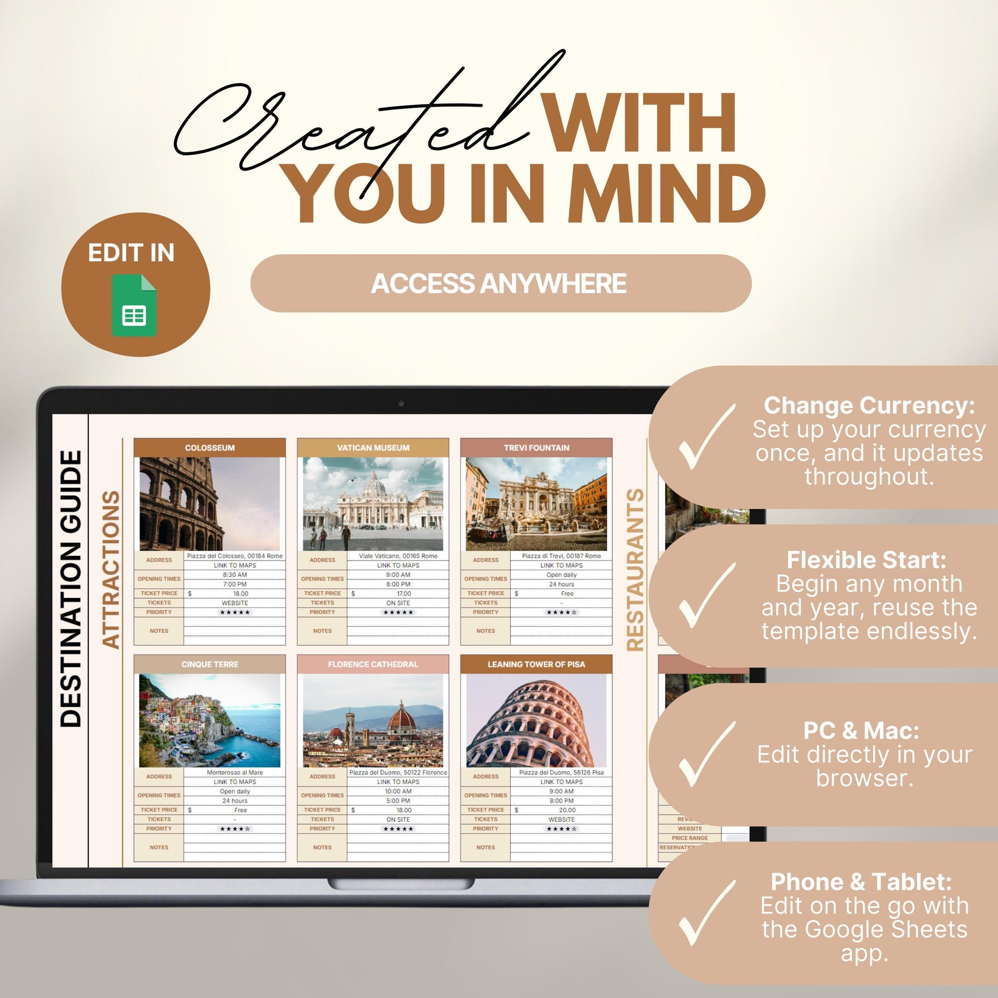 "Digital travel planner destination guide displayed on a laptop screen, featuring detailed attraction cards for popular sites like the Colosseum, Vatican Museum, Trevi Fountain, and more. Text highlights key features: change currency automatically, flexible start date, compatibility with PC/Mac, and mobile editing via Google Sheets.