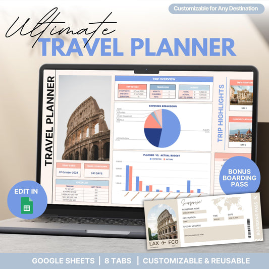 Digital travel planner displayed on a laptop screen featuring itinerary details, budget breakdown, and trip highlights with a photo of the Colosseum. Includes icons for Google Sheets editing, a customizable boarding pass, and highlights like Trevi Fountain and Florence Cathedral.