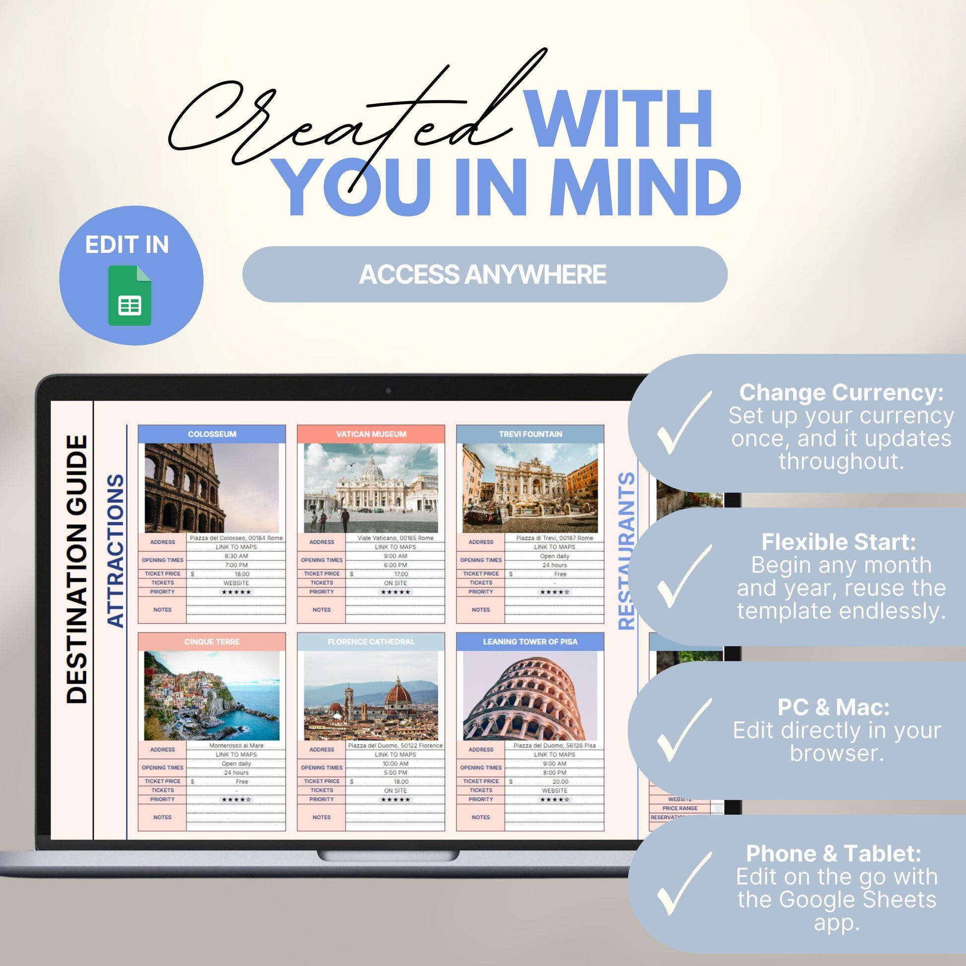 Digital travel planner destination guide displayed on a laptop screen, featuring detailed attraction cards for popular sites like the Colosseum, Vatican Museum, Trevi Fountain, and more. Text highlights key features: change currency automatically, flexible start date, compatibility with PC/Mac, and mobile editing via Google Sheets.
