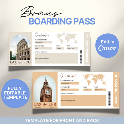 Editable Canva bonus boarding pass templates showing front and back designs with travel details for flights from Los Angeles to Rome and London. Each pass includes a destination image (Colosseum and Big Ben), a world map, and customizable fields for passenger name, date, time, and a personal message.