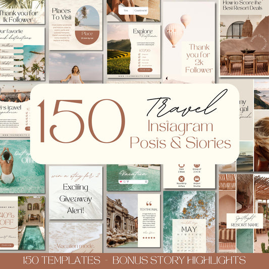 A beige and terracotta-themed promotional image showcasing a collection of 150 travel-related Instagram post and story templates. Center text reads: “150 Travel Instagram Posts & Stories.”