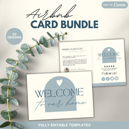 Promotional image for an Airbnb Card Bundle featuring 20 editable Canva designs. Displayed are welcome and guest information cards.