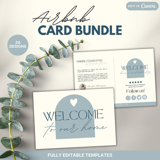 Promotional image for an Airbnb Card Bundle featuring 20 editable Canva designs. Displayed are welcome and guest information cards.