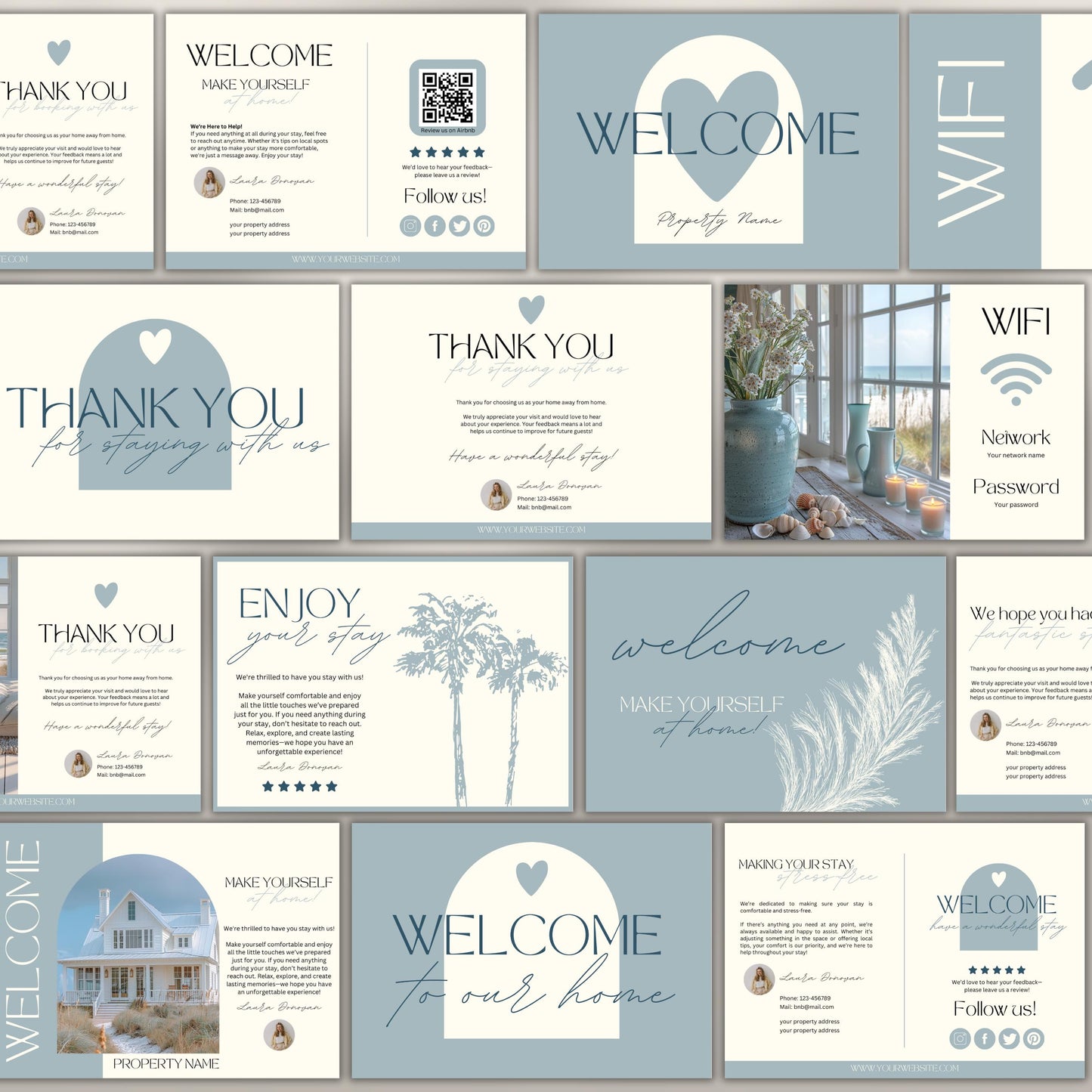 Collection of 20 neutral-toned Airbnb cards, including welcome, thank you, and WiFi cards, featuring modern typography, soft illustrations, and customizable layouts for short-term rental hosts.