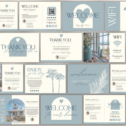 Collection of 20 neutral-toned Airbnb cards, including welcome, thank you, and WiFi cards, featuring modern typography, soft illustrations, and customizable layouts for short-term rental hosts.