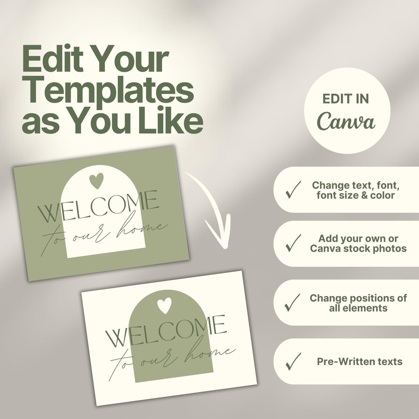 Design customization graphic for Airbnb thank you cards, showing two color variations and a checklist of editable features in Canva: text, font, size, color, photos, element positions, and pre-written texts.