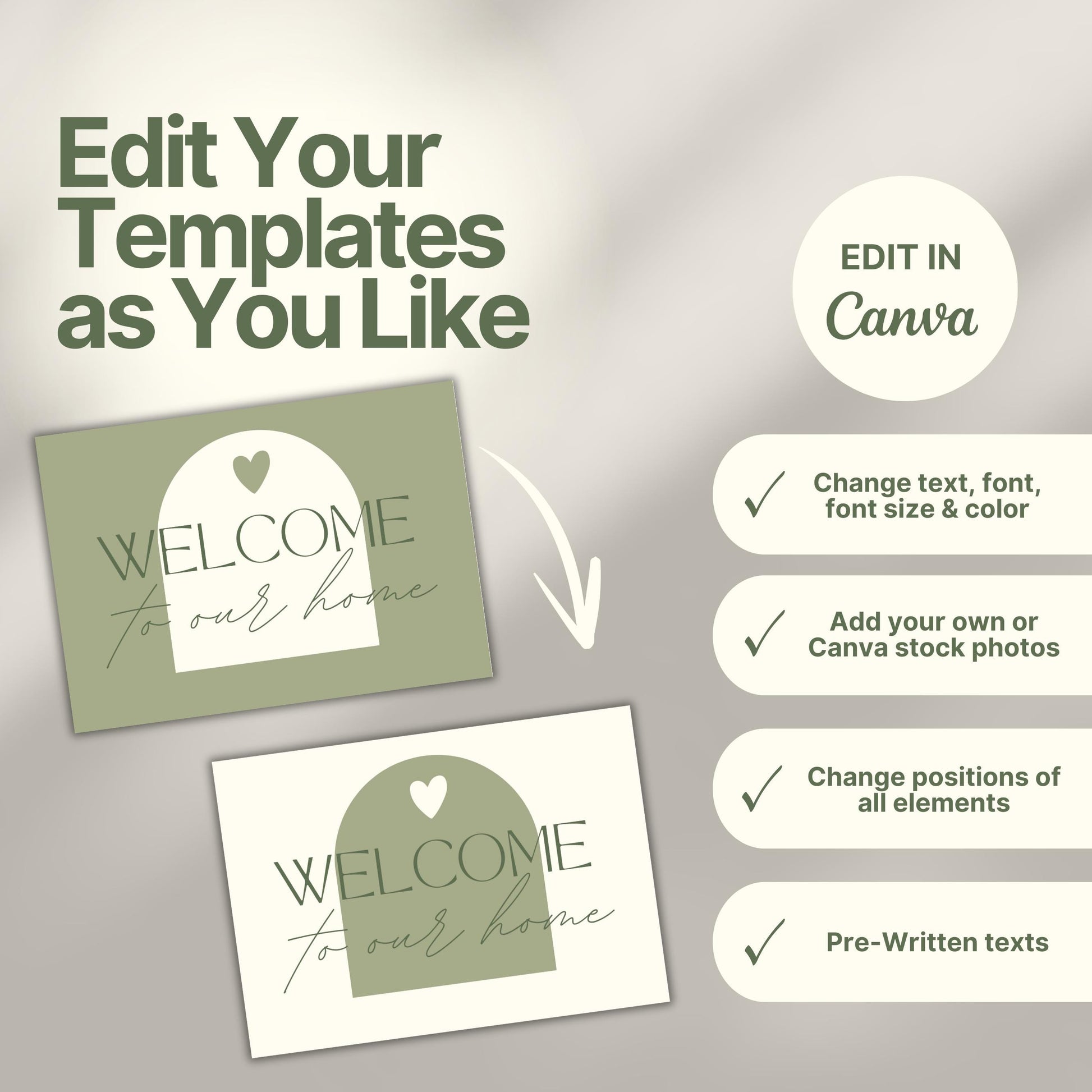 Design customization graphic for Airbnb thank you cards, showing two color variations and a checklist of editable features in Canva: text, font, size, color, photos, element positions, and pre-written texts.