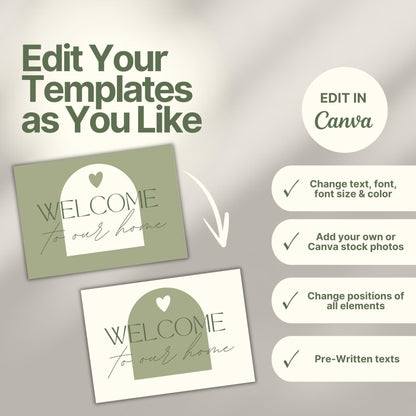 Design customization graphic for Airbnb thank you cards, showing two color variations and a checklist of editable features in Canva: text, font, size, color, photos, element positions, and pre-written texts.
