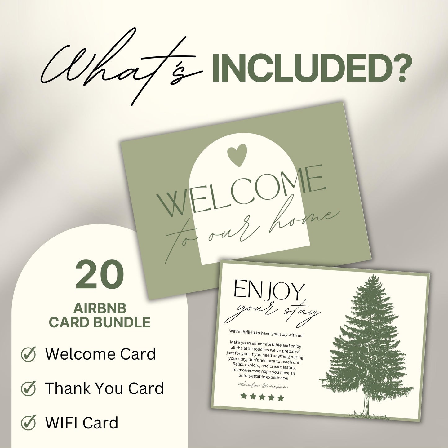 Graphic titled 'What's Included?' showing examples of Airbnb card templates including a welcome card and a thank you card.