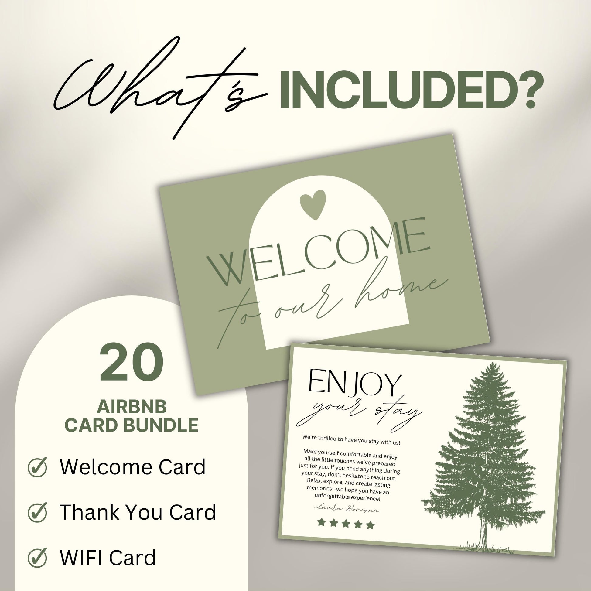 Graphic titled 'What's Included?' showing examples of Airbnb card templates including a welcome card and a thank you card.