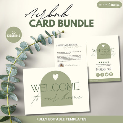 Promotional image for an Airbnb Card Bundle featuring 20 editable Canva designs. Displayed are welcome and guest information cards.