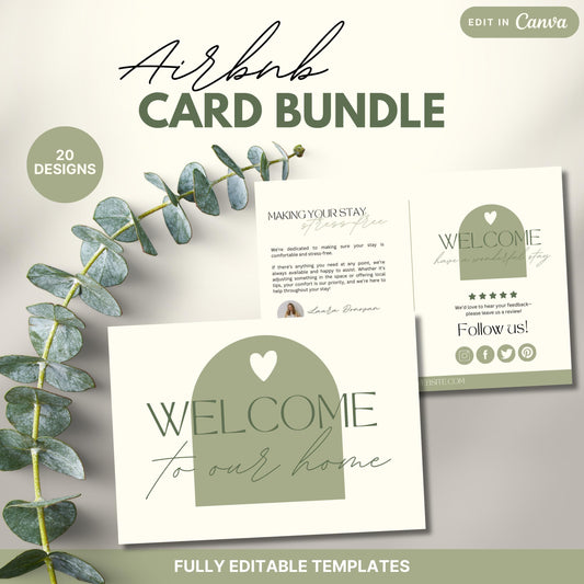 Promotional image for an Airbnb Card Bundle featuring 20 editable Canva designs. Displayed are welcome and guest information cards.