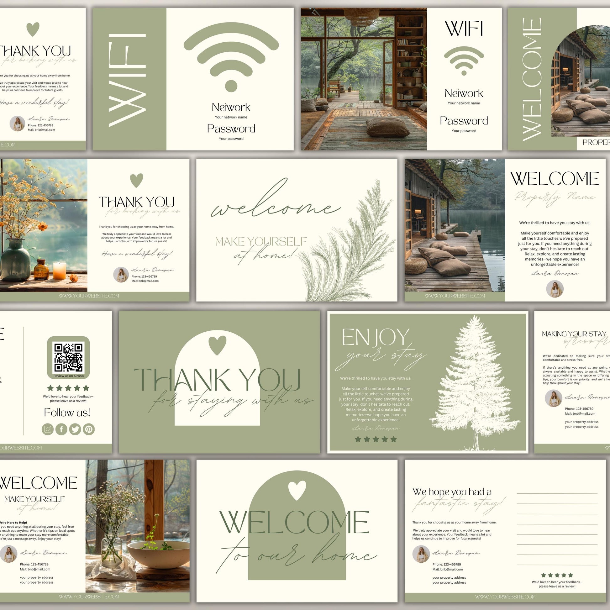 Collection of 20 neutral-toned Airbnb cards, including welcome, thank you, and WiFi cards, featuring modern typography, soft illustrations, and customizable layouts for short-term rental hosts.