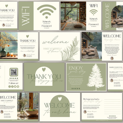 Collection of 20 neutral-toned Airbnb cards, including welcome, thank you, and WiFi cards, featuring modern typography, soft illustrations, and customizable layouts for short-term rental hosts.