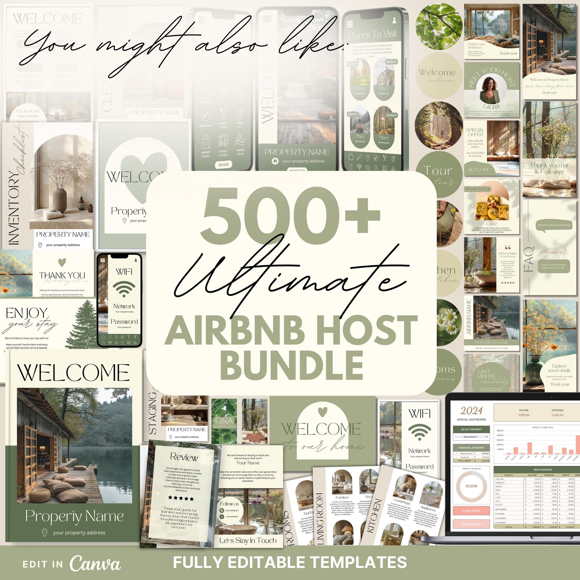 Collage showcasing a 500+ piece Ultimate Airbnb Host Bundle with fully editable Canva templates, including welcome signs, WiFi cards, thank you cards, guest guides, inventory lists, social media posts, and cleaning checklists, all designed in a cohesive neutral green and beige theme for Airbnb hosts.