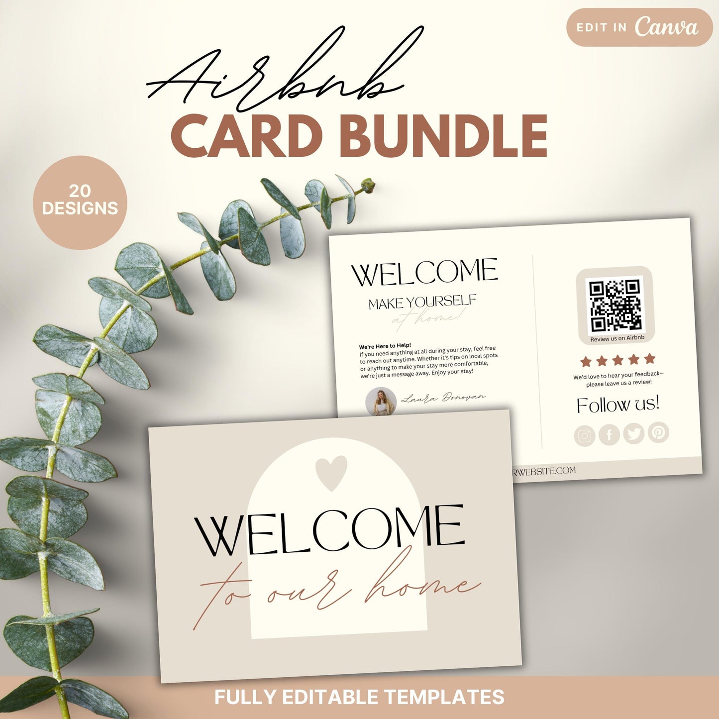 Promotional image for an Airbnb Card Bundle featuring 20 editable Canva designs. Displayed are welcome and guest information cards.