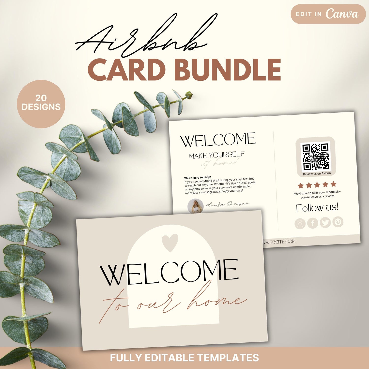 Promotional image for an Airbnb Card Bundle featuring 20 editable Canva designs. Displayed are welcome and guest information cards.