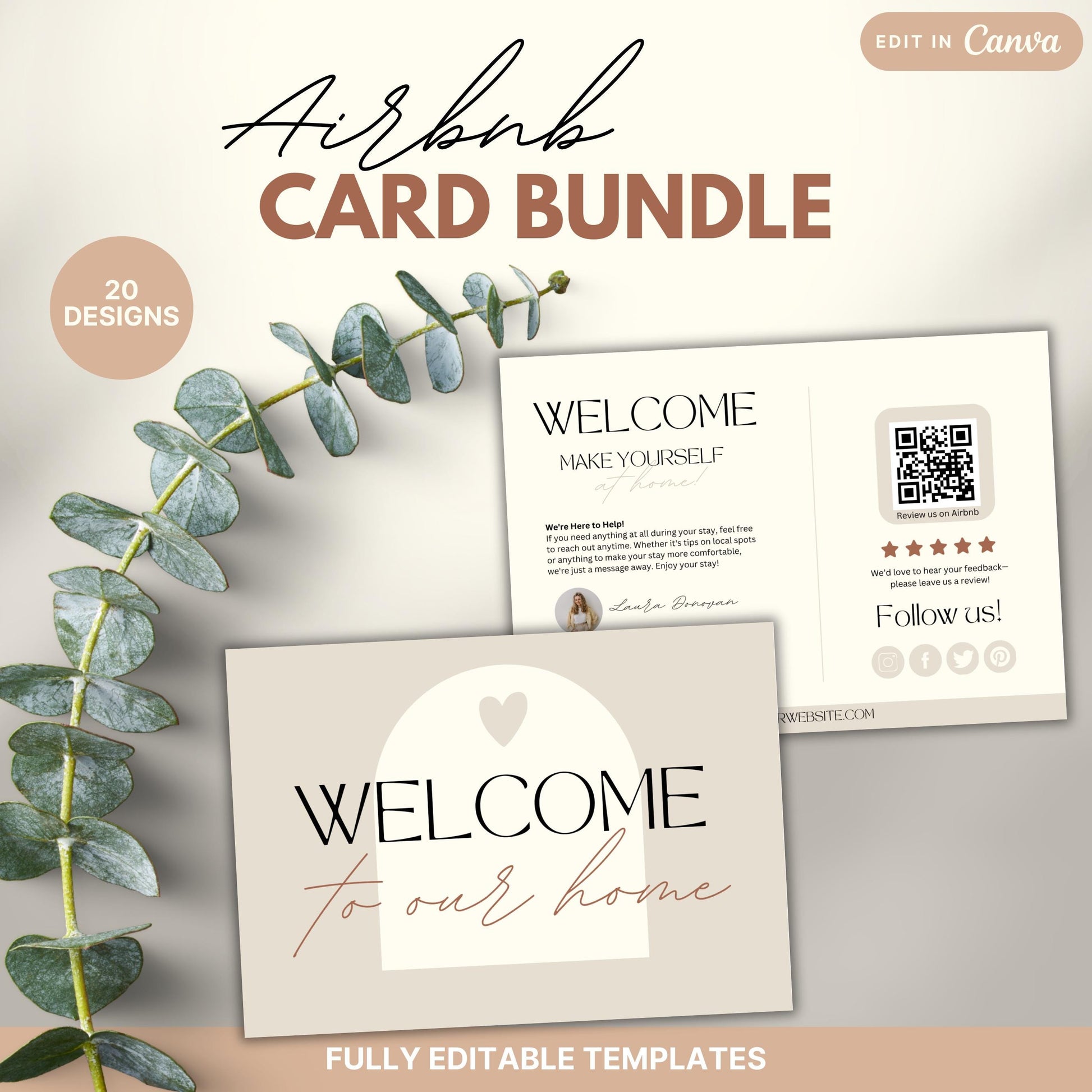 Promotional image for an Airbnb Card Bundle featuring 20 editable Canva designs. Displayed are welcome and guest information cards.