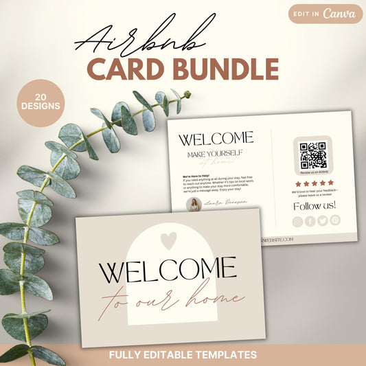 Promotional image for an Airbnb Card Bundle featuring 20 editable Canva designs. Displayed are welcome and guest information cards.