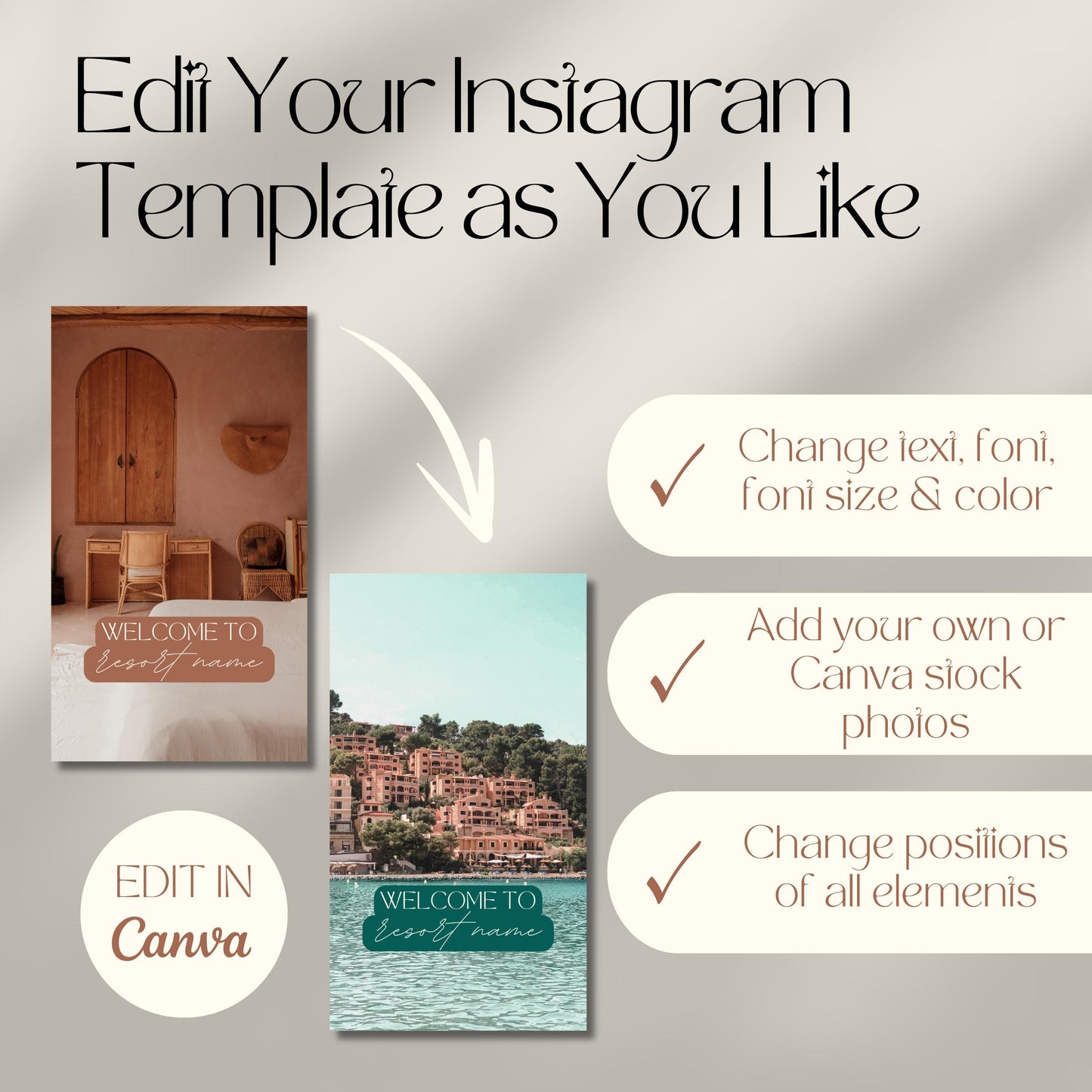 A promotional graphic showing customizable Instagram post templates. The top of the image reads, "Edit Your Instagram Template as You Like."