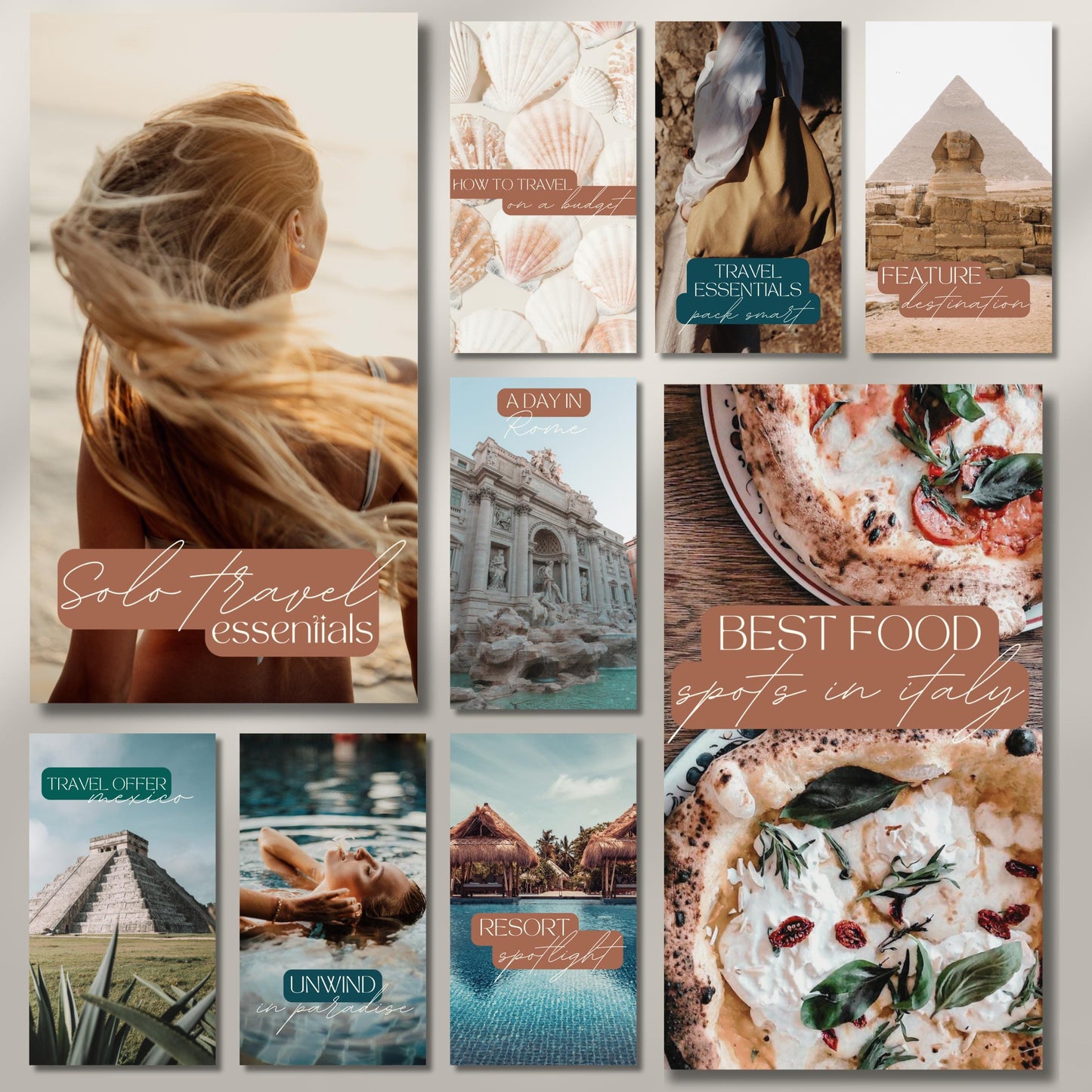 Grid of travel agent instagram templates.