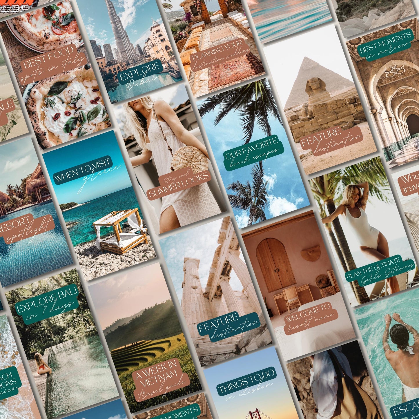Grid of travel agent instagram templates.