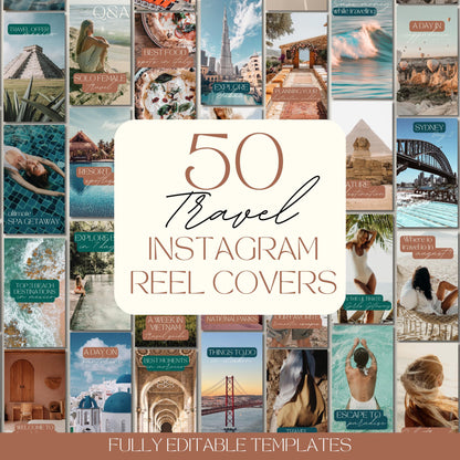 A promotional collage displaying 50 Instagram reel cover templates for travel content. The central cream-colored box reads “50 Travel Instagram Reel Covers” in elegant serif and script fonts.