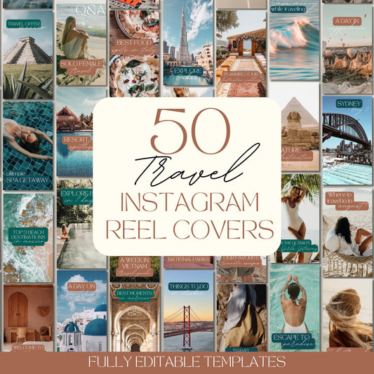 A promotional collage displaying 50 Instagram reel cover templates for travel content. The central cream-colored box reads “50 Travel Instagram Reel Covers” in elegant serif and script fonts.