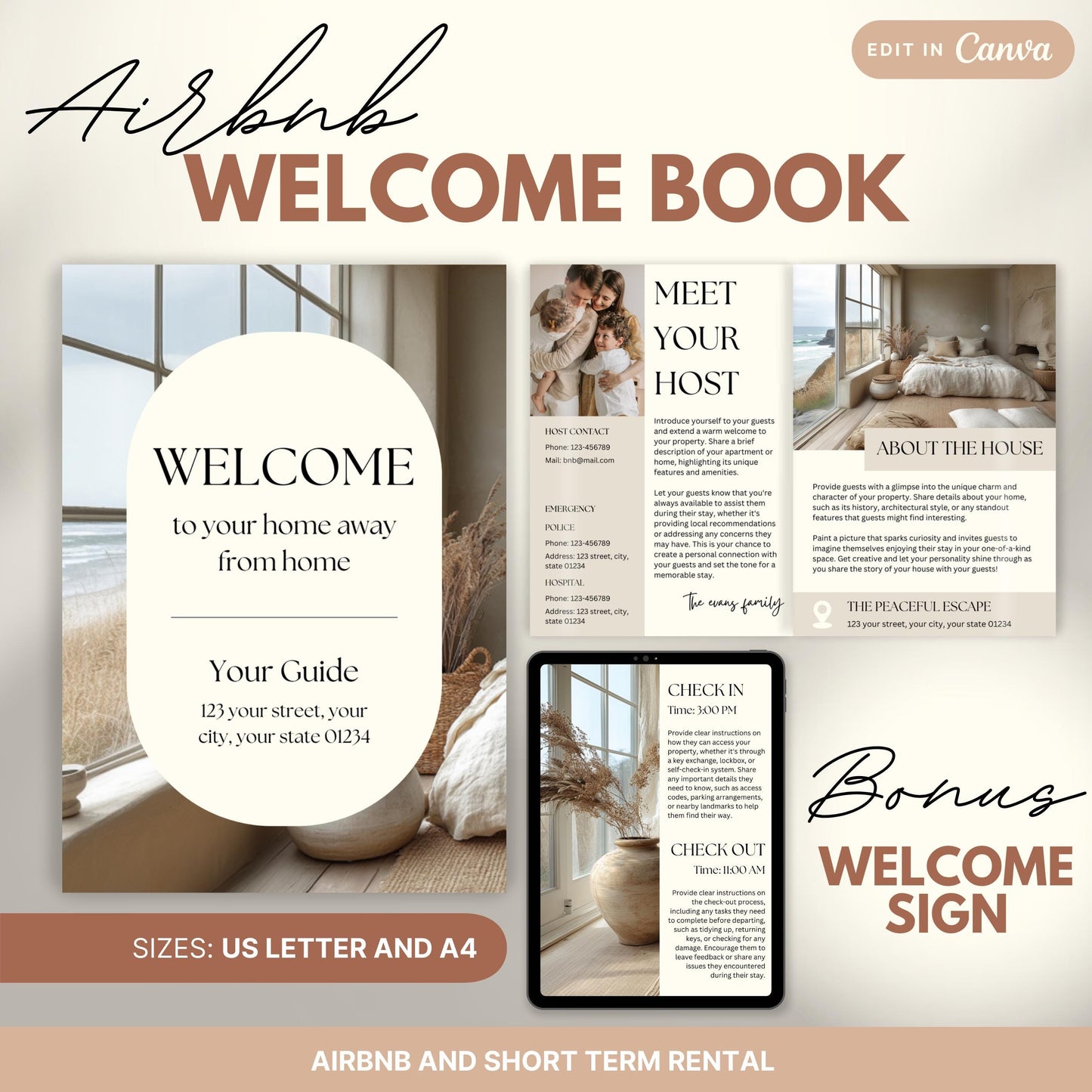 Promotional image for an "Airbnb Welcome Book" editable in Canva. A tablet and print view are shown for flexibility. The text highlights that the templates are available in US Letter and A4 sizes and include a bonus welcome sign. Ideal for Airbnb and short-term rental hosts.