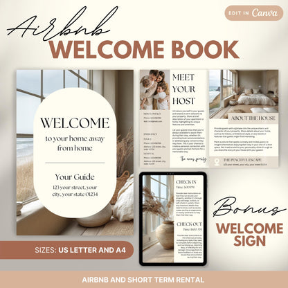 Promotional image for an "Airbnb Welcome Book" editable in Canva. A tablet and print view are shown for flexibility. The text highlights that the templates are available in US Letter and A4 sizes and include a bonus welcome sign. Ideal for Airbnb and short-term rental hosts.