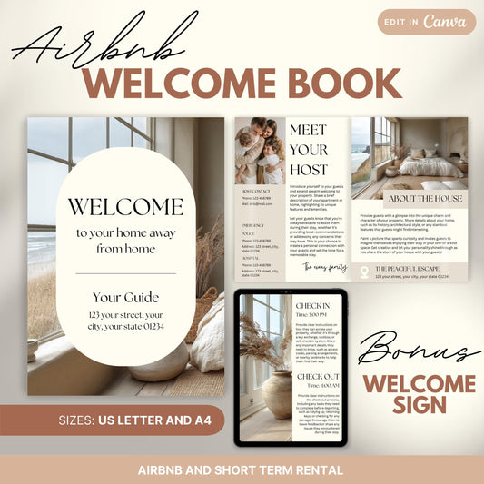 Promotional image for an "Airbnb Welcome Book" editable in Canva. A tablet and print view are shown for flexibility. The text highlights that the templates are available in US Letter and A4 sizes and include a bonus welcome sign. Ideal for Airbnb and short-term rental hosts.