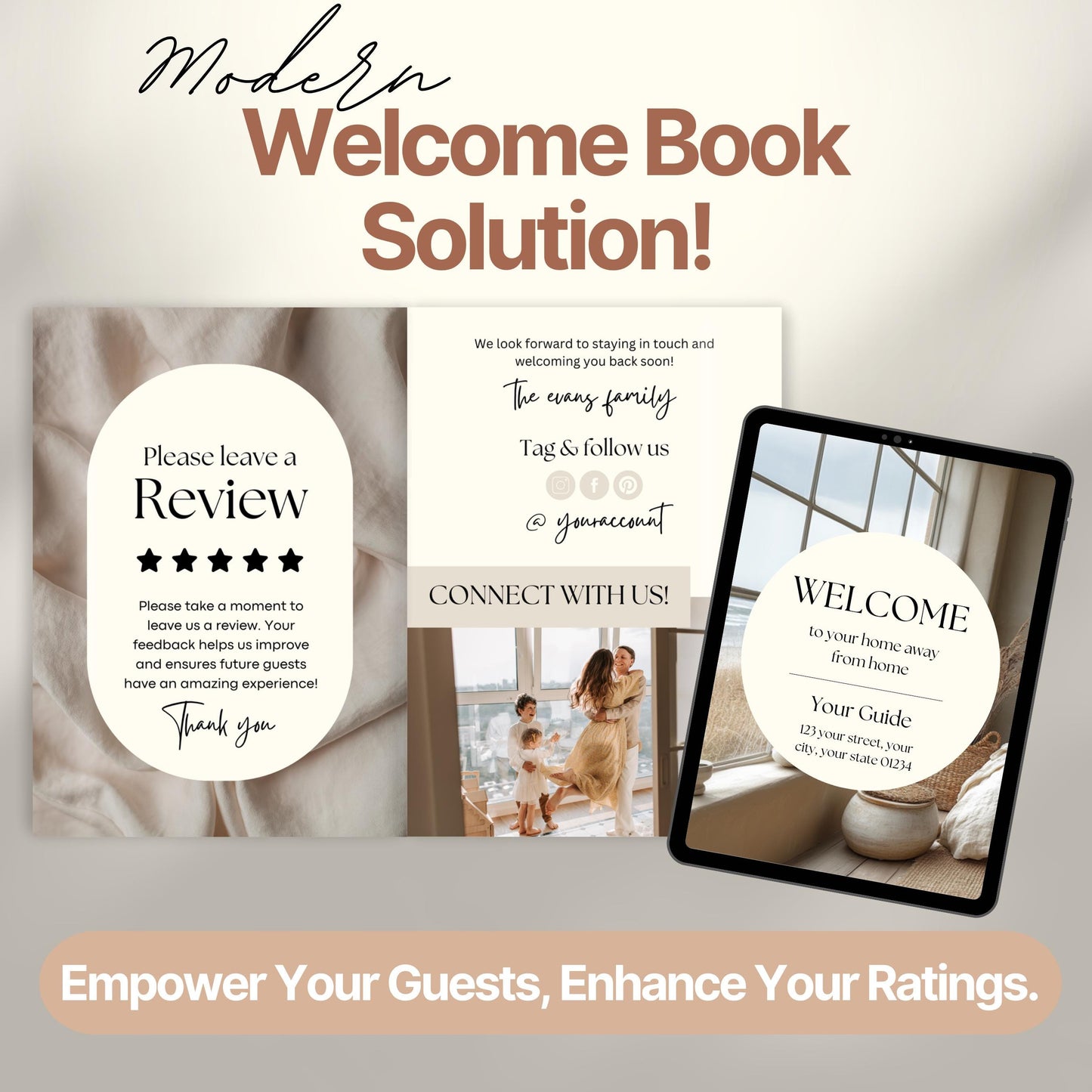 Graphic featuring a "Modern Welcome Book Solution!" with three sample pages displayed.