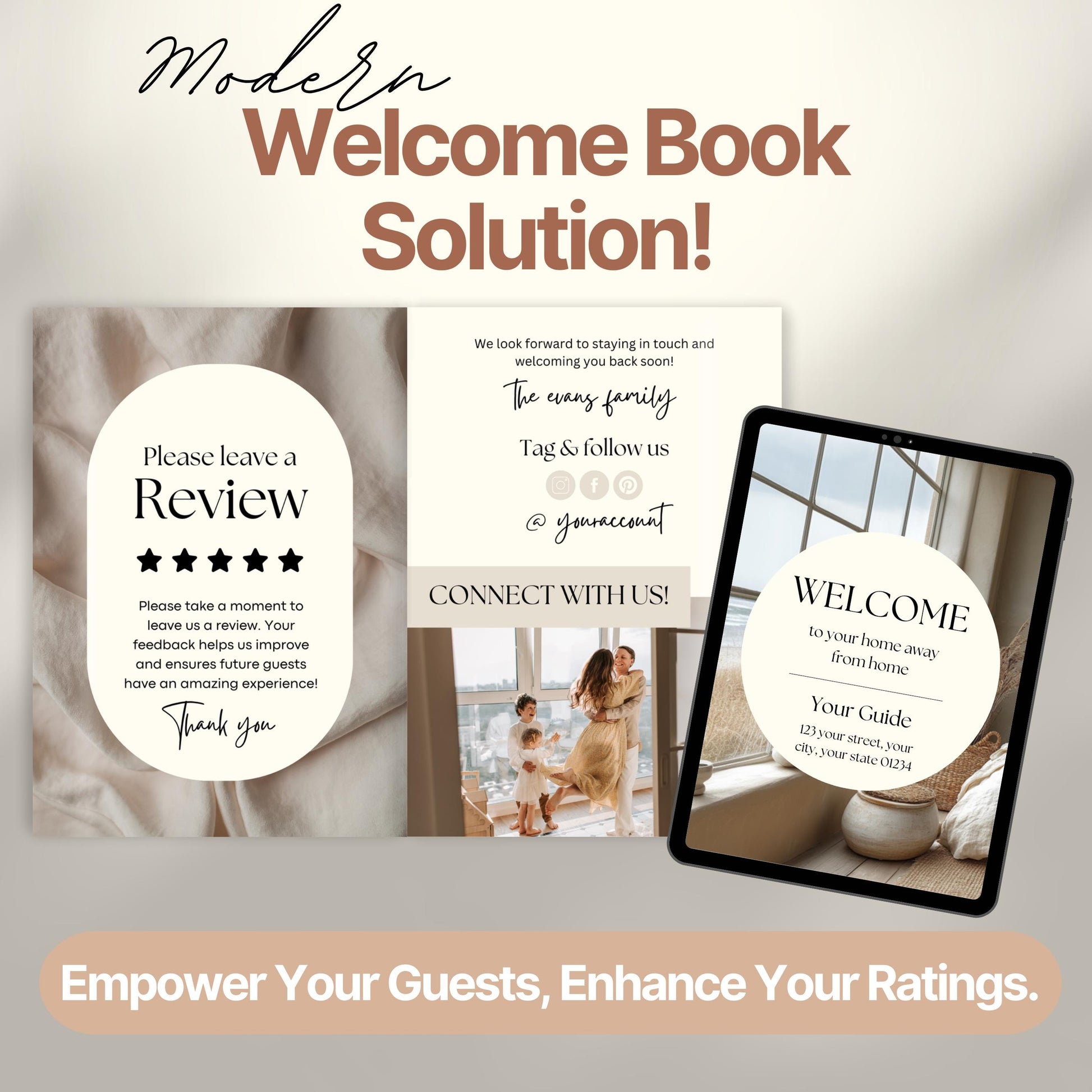 Graphic featuring a "Modern Welcome Book Solution!" with three sample pages displayed.