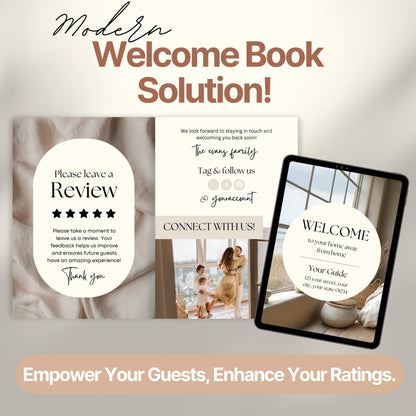 Graphic featuring a "Modern Welcome Book Solution!" with three sample pages displayed.