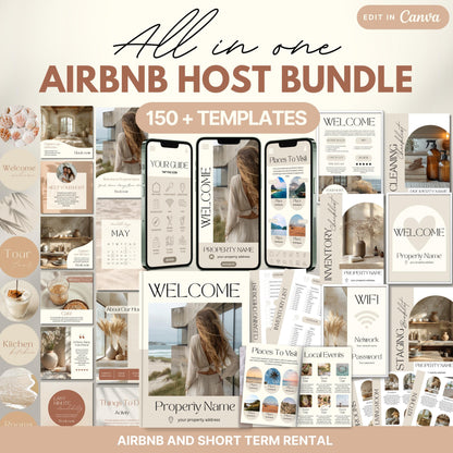 Promotional graphic for the “Ultimate Airbnb Host Bundle” showcasing over 150 editable templates. The image features a variety of digital and printable templates displayed on phones, tablets, laptops, and printed pages.