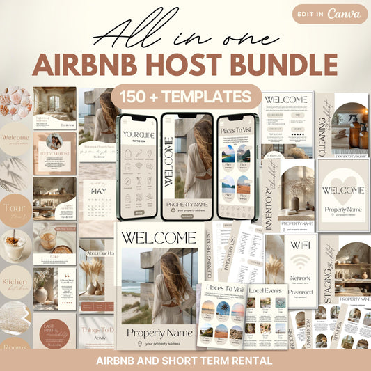 Promotional graphic for the “Ultimate Airbnb Host Bundle” showcasing over 150 editable templates. The image features a variety of digital and printable templates displayed on phones, tablets, laptops, and printed pages.