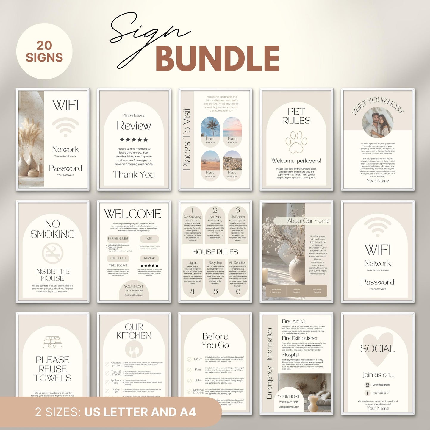 Overview of a airbnb host bundle showing airbnb signs in us letter and a4.