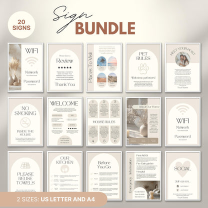 Overview of a airbnb host bundle showing airbnb signs in us letter and a4.
