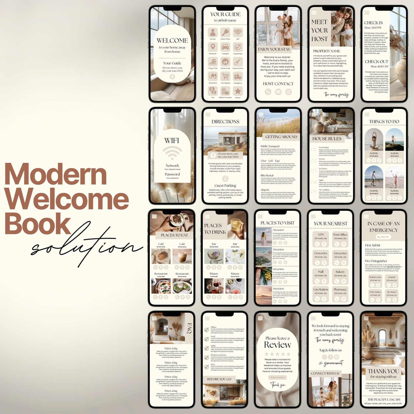 Smartphones display various pages of a digital Airbnb welcome book. 