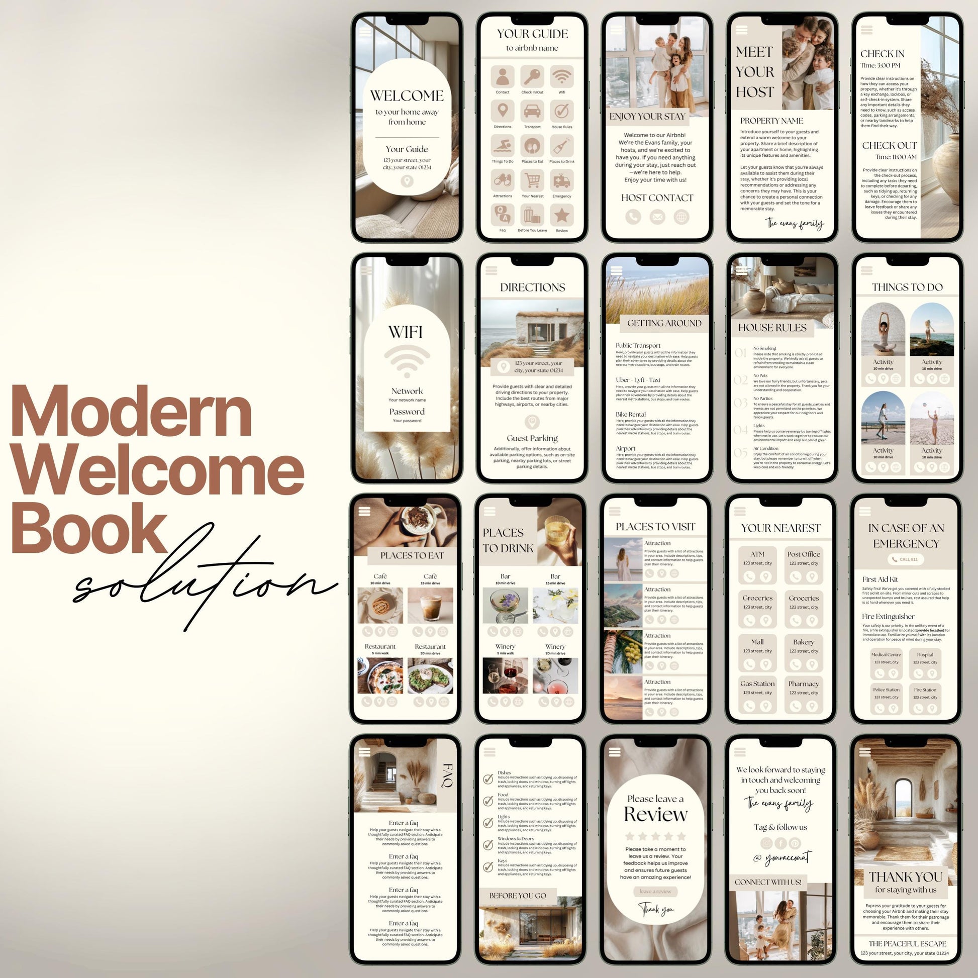 Smartphones display various pages of a digital Airbnb welcome book. 