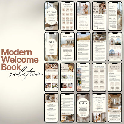 Smartphones display various pages of a digital Airbnb welcome book. 