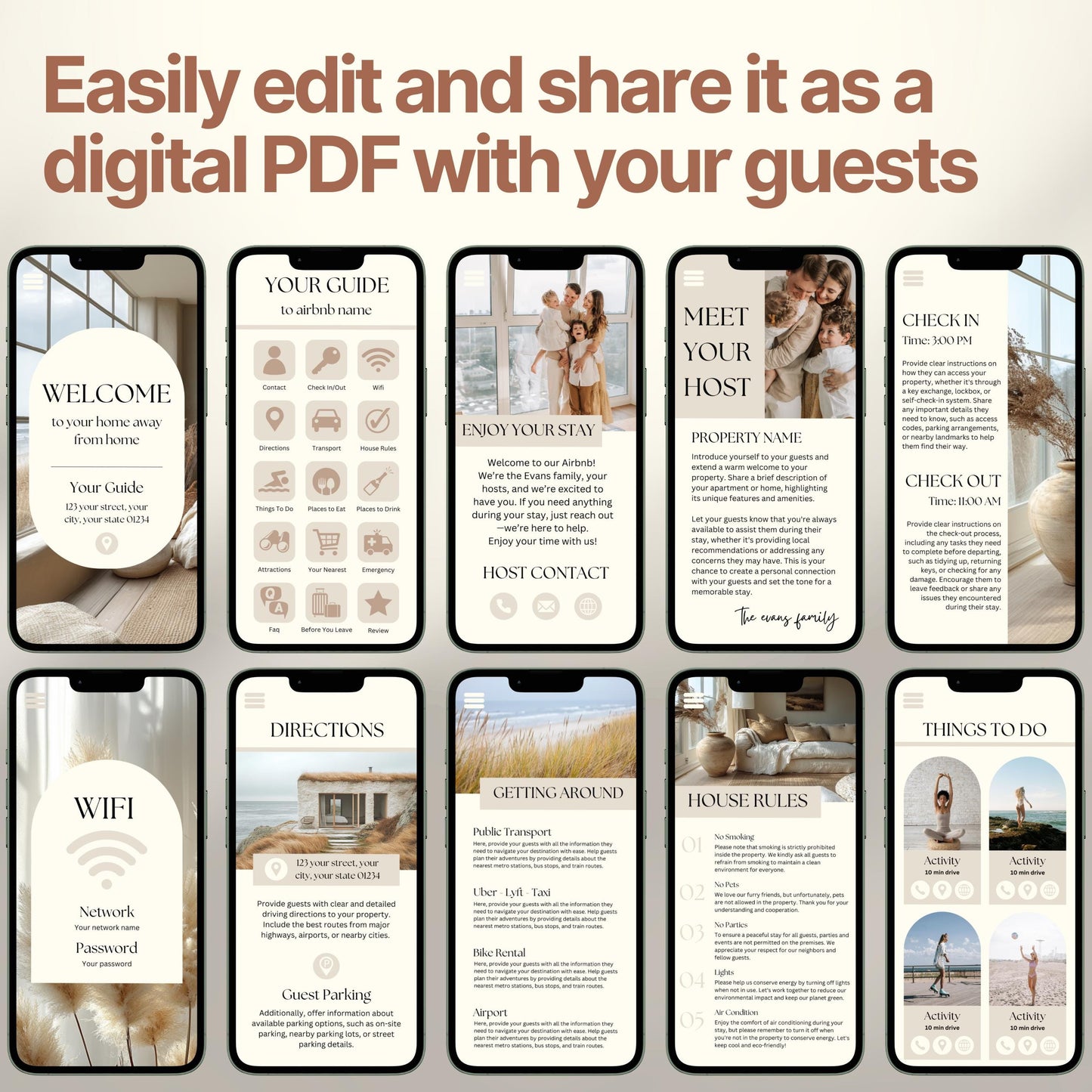 Smartphones display various pages of a digital Airbnb welcome book. The top header reads, "Easily edit and share it as a digital PDF with your guests," emphasizing customization and digital sharing convenience.