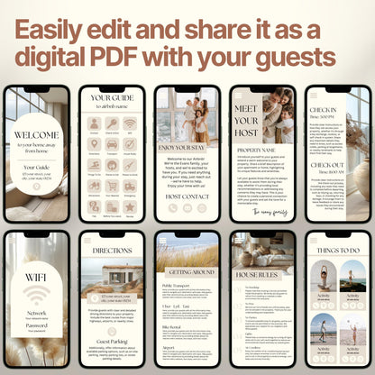 Smartphones display various pages of a digital Airbnb welcome book. The top header reads, "Easily edit and share it as a digital PDF with your guests," emphasizing customization and digital sharing convenience.